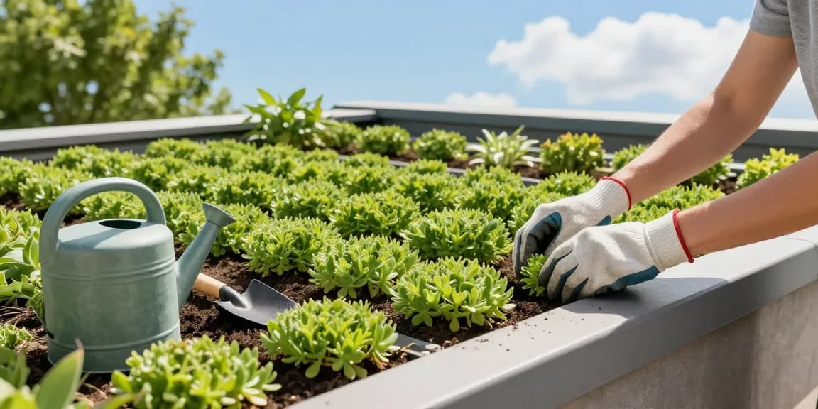 Sedum dak kosten aangetoond met levendig daktuinbeeld, dat het plantproces en de tools toont.