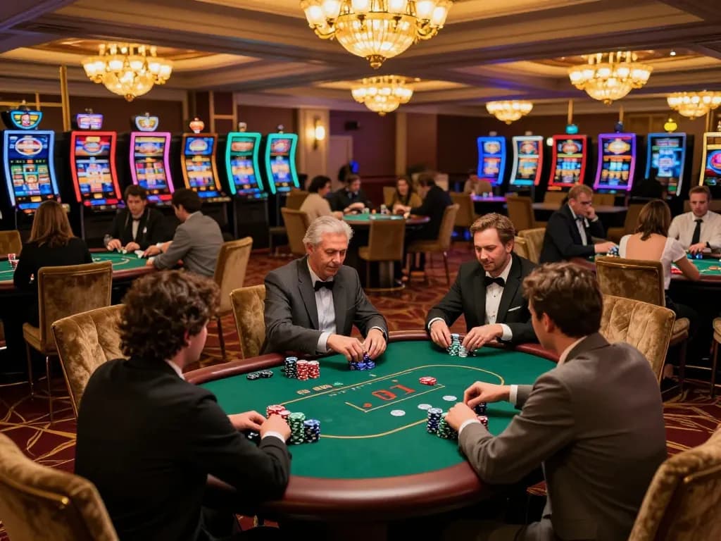 RIKVIP players competing at poker tables in an upscale casino, showcasing vibrant gameplay and luxurious atmosphere.