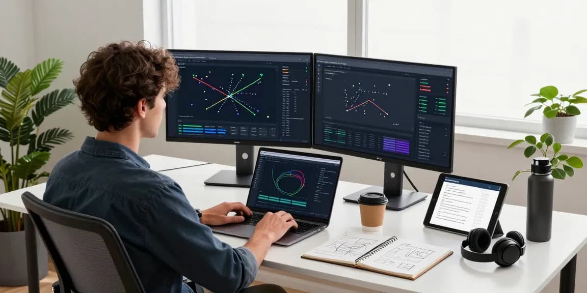 Bungee Exchange technology workspace featuring dual monitors showing blockchain data and innovative tools for efficient cross-chain transactions.