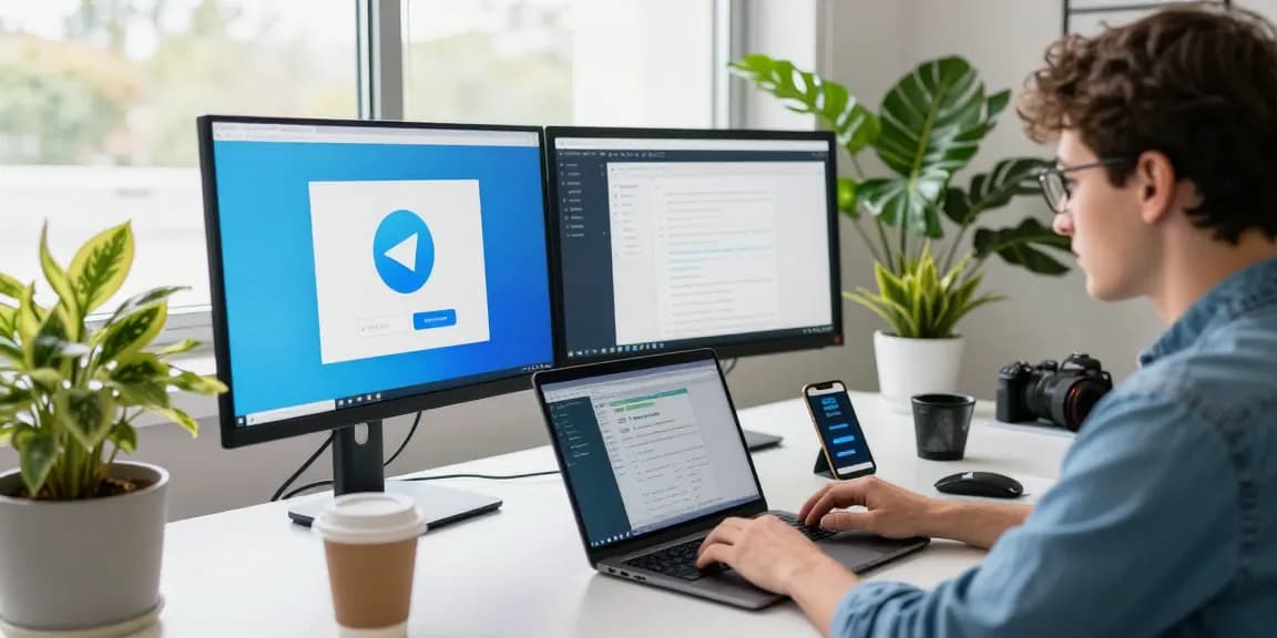 Download Telegram in a modern workspace with dual monitors and tech gadgets.