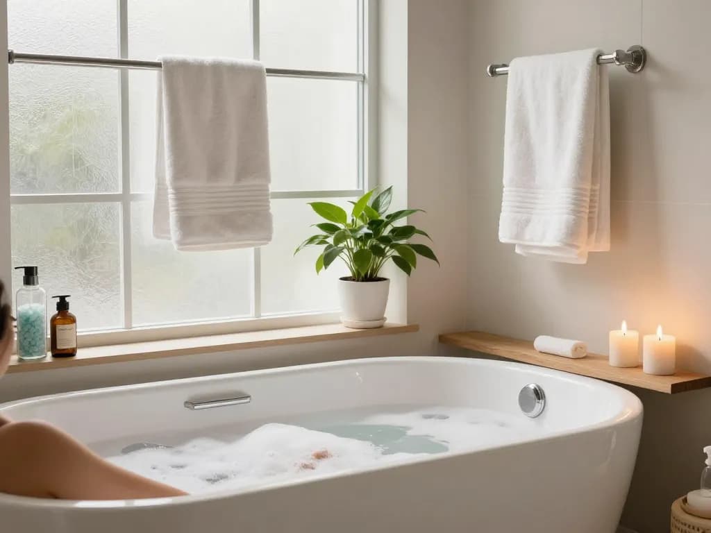 Ontspannende zitbaden ervaring in een serene badkamer setting met zachte verlichting en modern decor.