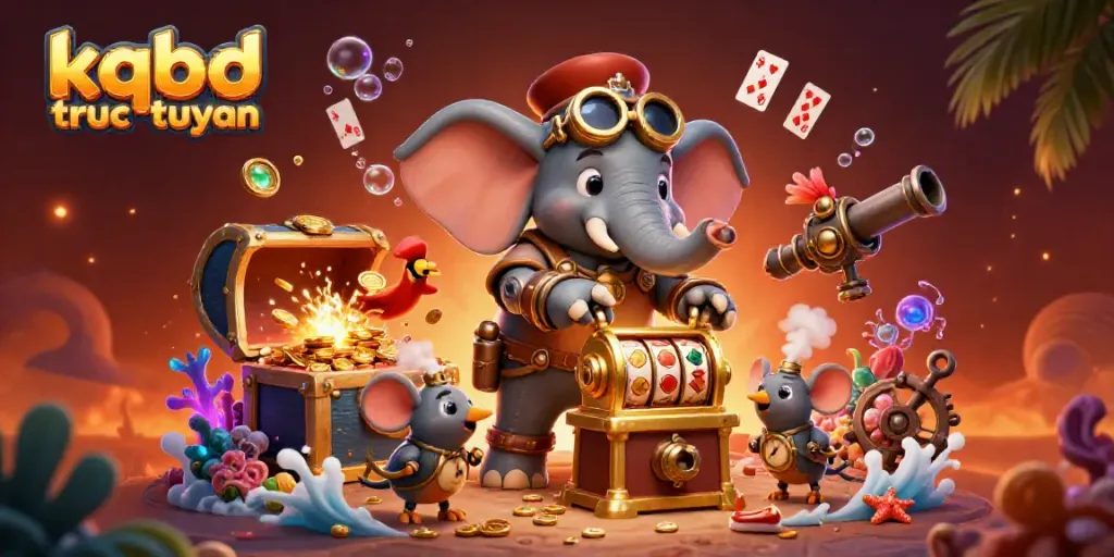Experience the thrill of kqbd truc tuyen with an animated steampunk elephant at a lively casino scene.