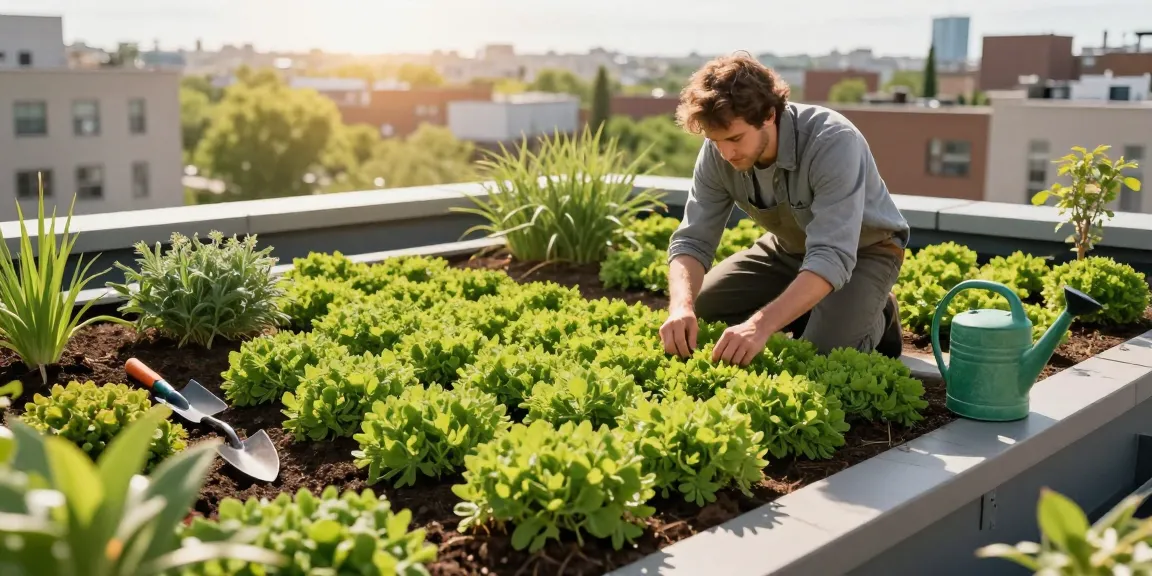 Sedum dak kosten planten op een daktuin tijdens een zonnige dag, omringd door tuingereedschap, dat stedelijke duurzaamheid laat zien.