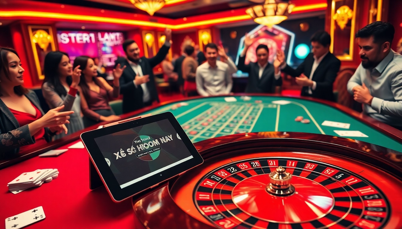 Xổ số hôm nay displayed on a tablet amid a lively casino atmosphere with a roulette wheel.