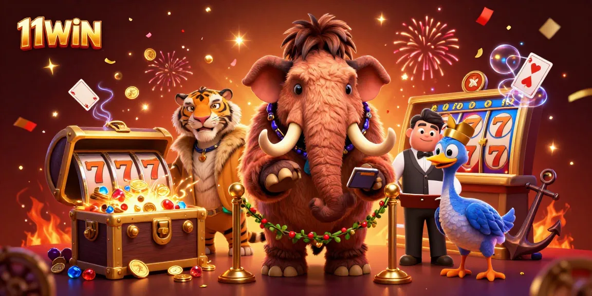 Experience the excitement of 11WIN with a lively casino scene featuring a woolly mammoth bouncer, saber-tooth VIP, and dodo doorman.