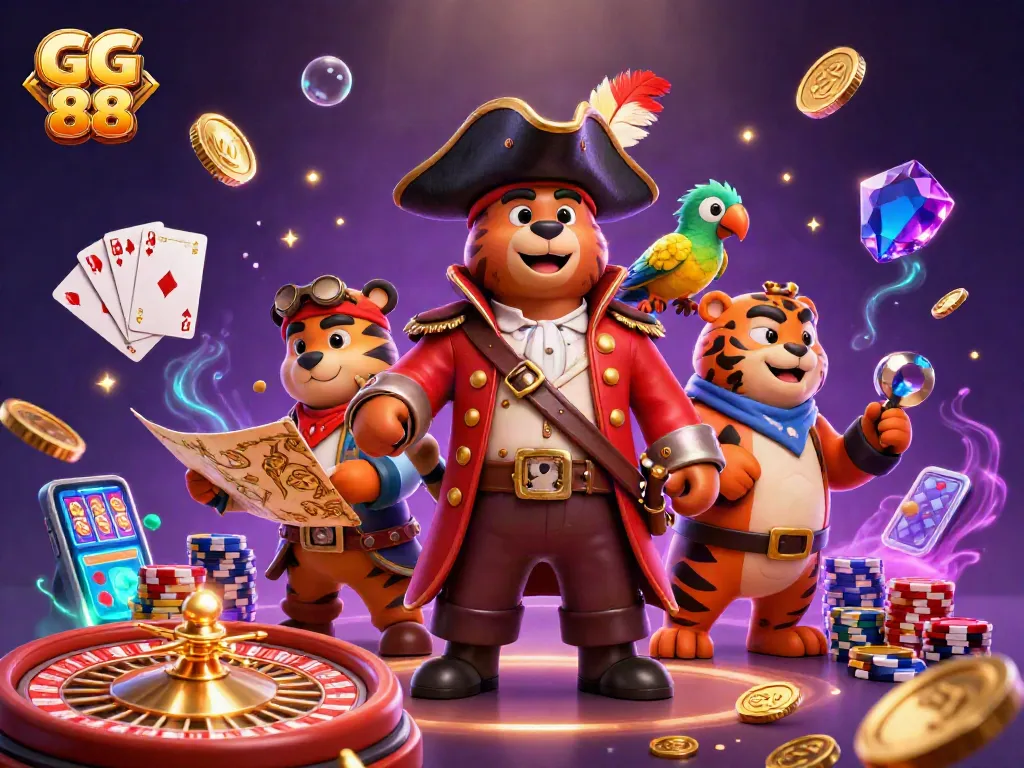 Engage in thrilling casino adventures with GG 88 featuring a pirate bear, tiger, and golden treasures