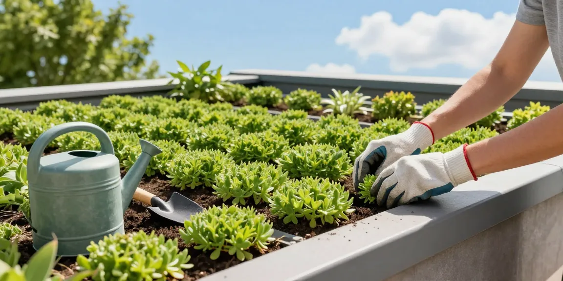 Sedum dak kosten aangetoond met levendig daktuinbeeld, dat het plantproces en de tools toont.
