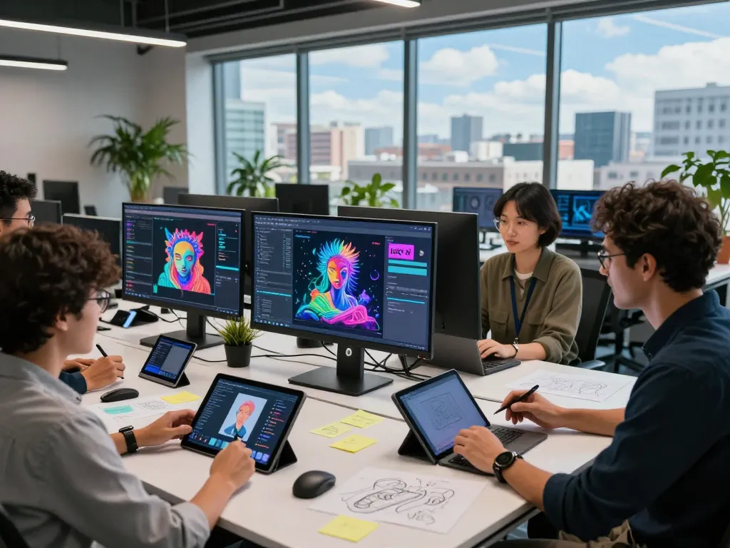 Dynamic tech team brainstorming AI art concepts with juicy ai tools in a modern workspace.