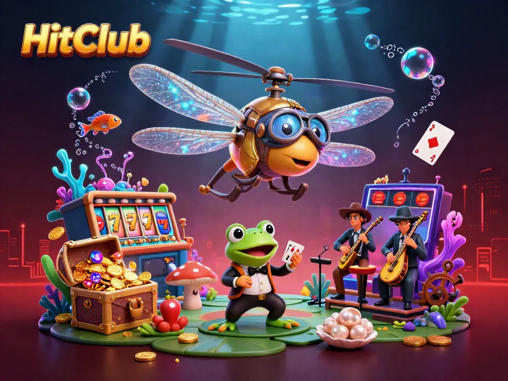 HitClub features vibrant gambling action with a dragonfly pilot, frog croupier, and jazz musicians in an immersive casino scene.