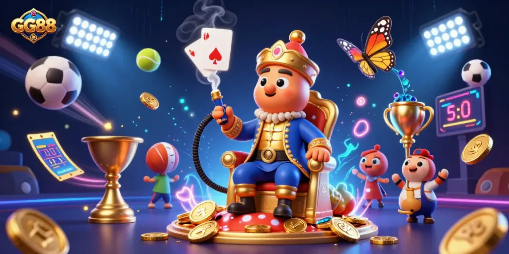 Engage with GG88's vibrant casino atmosphere through an energetic 3D illustration of game symbols.