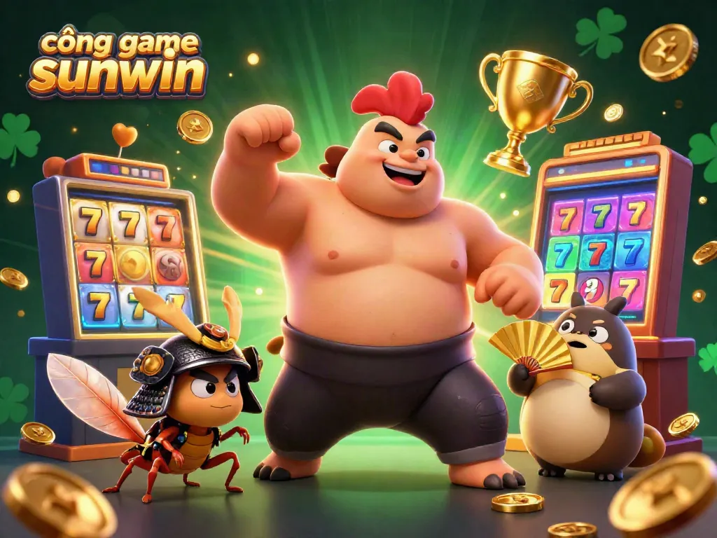Engage with the dynamic and powerful cổng game sunwin featuring a sumo wrestler, a samurai cricket, and a tanuki in a vibrant casino scene.