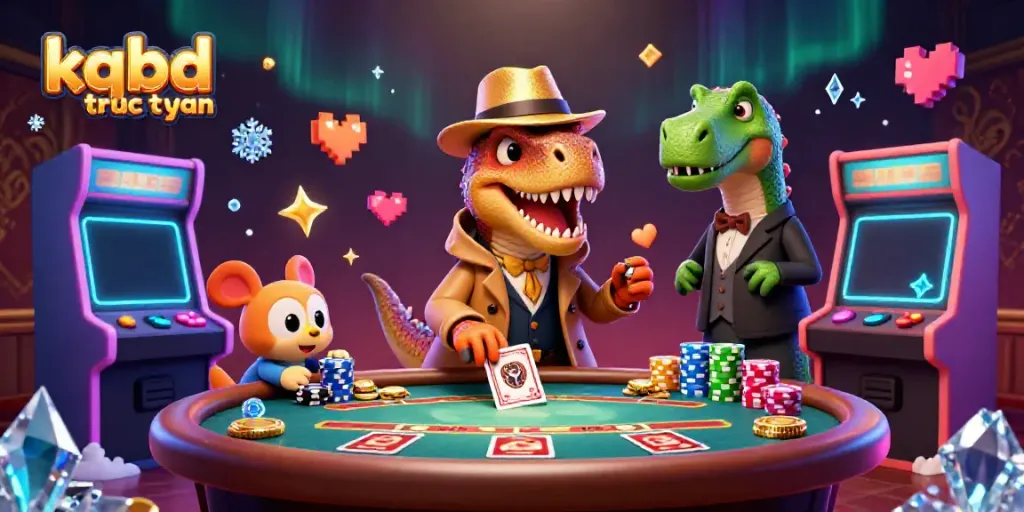 Engage with kqbd truc tuyen in a dynamic gambling scene featuring cartoon dinosaurs and vibrant gaming elements.