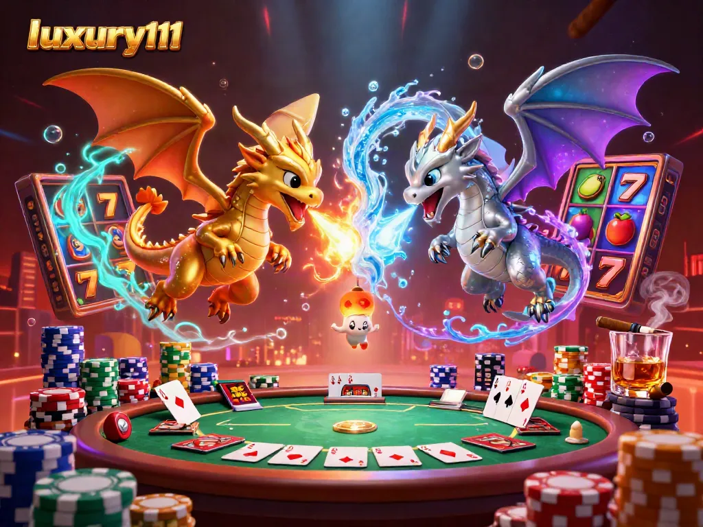 Experience luxury111 with vibrant slot themes and animated dragons in a lively casino scene.
