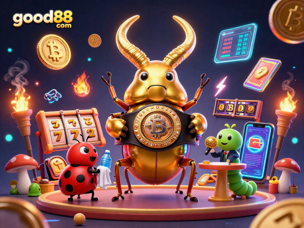 Spin the reels on good88 com with exciting jackpots, Bitcoin coins, and vibrant casino scenes.