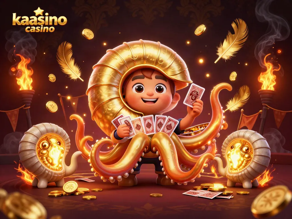 Kaasino casino features an entertaining scene with a giant nautilus as a roulette wheel, vibrant casino elements, and glowing companions.