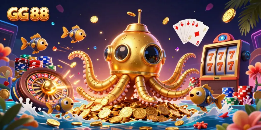 Experience the thrill of GG 88 with a golden kraken submarine amidst cascading coins and vibrant casino elements.