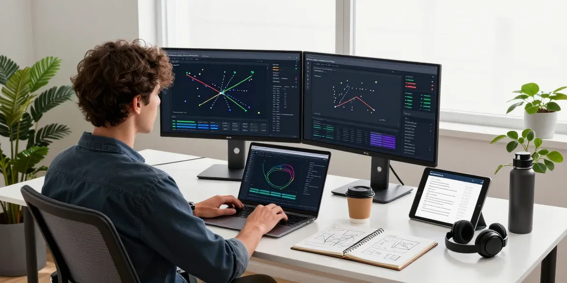 Bungee Exchange technology workspace featuring dual monitors showing blockchain data and innovative tools for efficient cross-chain transactions.