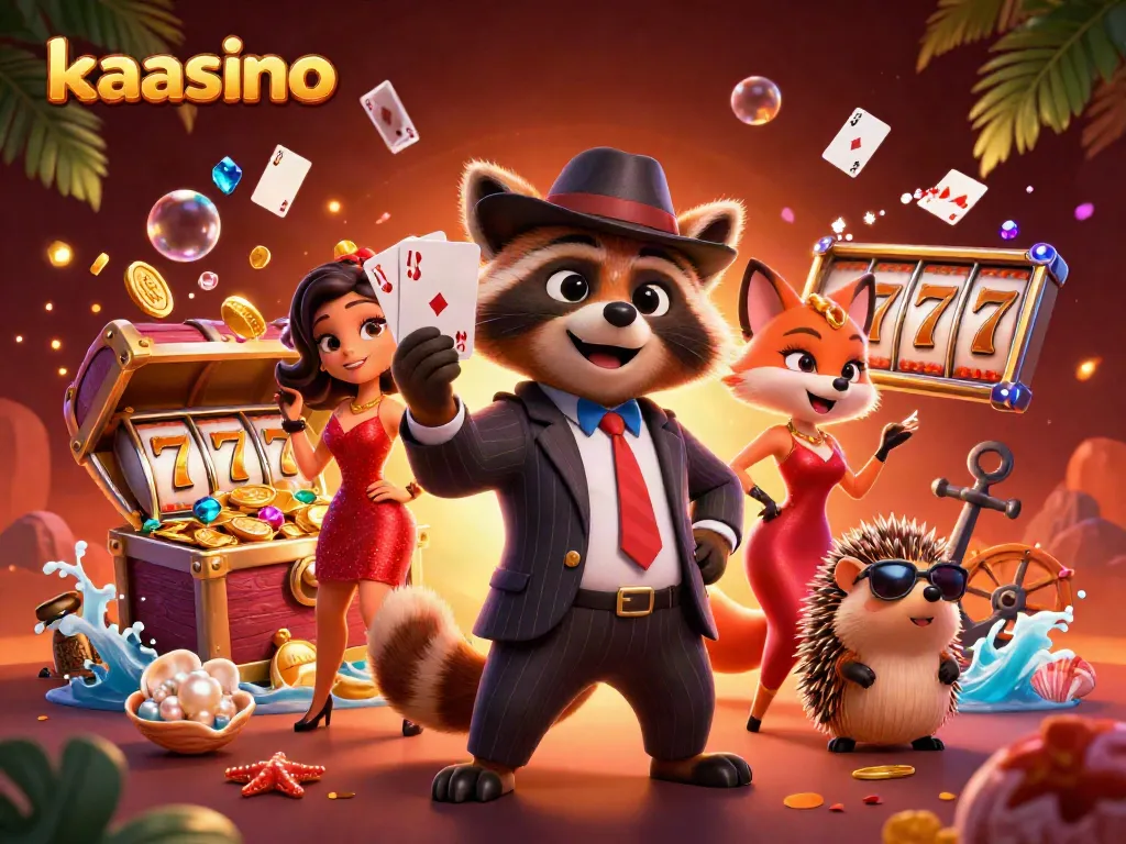 Experience exciting gaming with kaasino, showcasing a raccoon in a suit and vibrant casino elements.