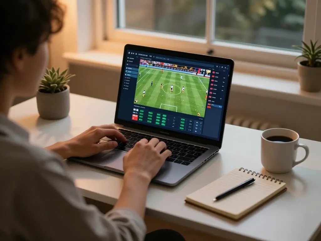 Engaging in sports betting on https://ta88at.com/ with laptop, ambient home setting