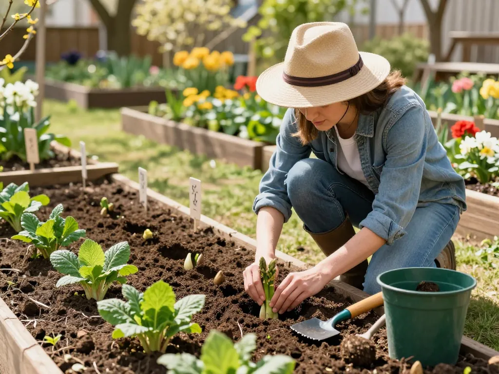 Gardener planting groene asperges planten in spring garden with vibrant blooms.