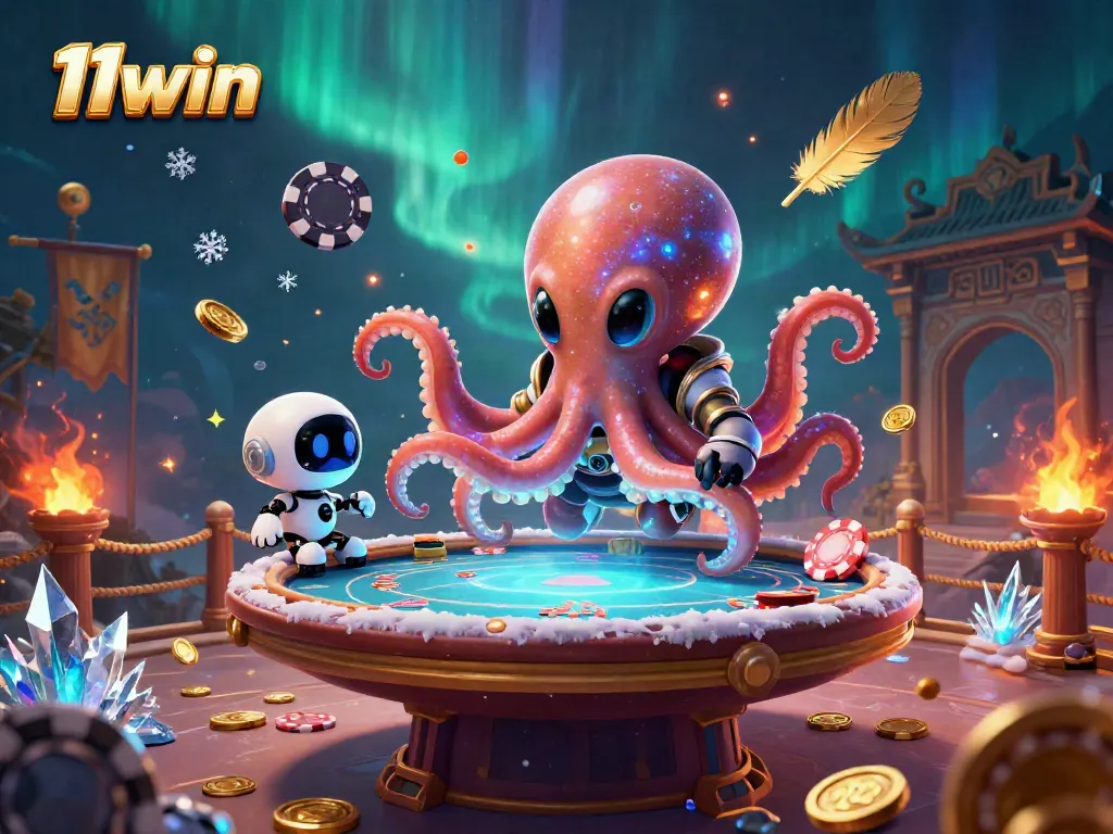 Experience thrilling poker with 11win through an alien octopus at a vibrant casino table.