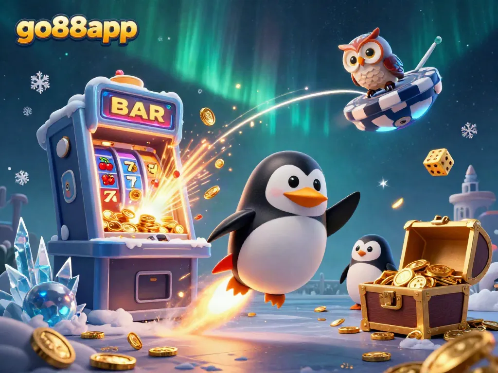 Engage with go88app and experience a colorful 3D casino scene featuring a golden penguin and a jackpot explosion.