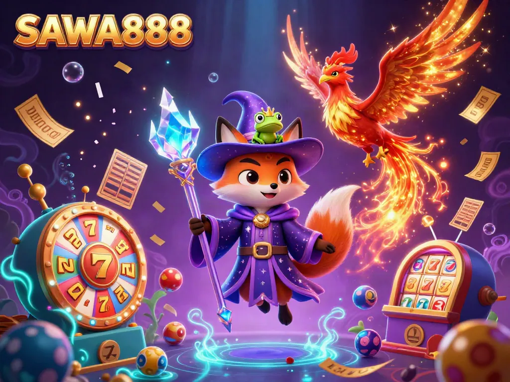 Engage with SAWA888's magical slot experience featuring a mystical wizard fox, phoenix, and vibrant casino elements.