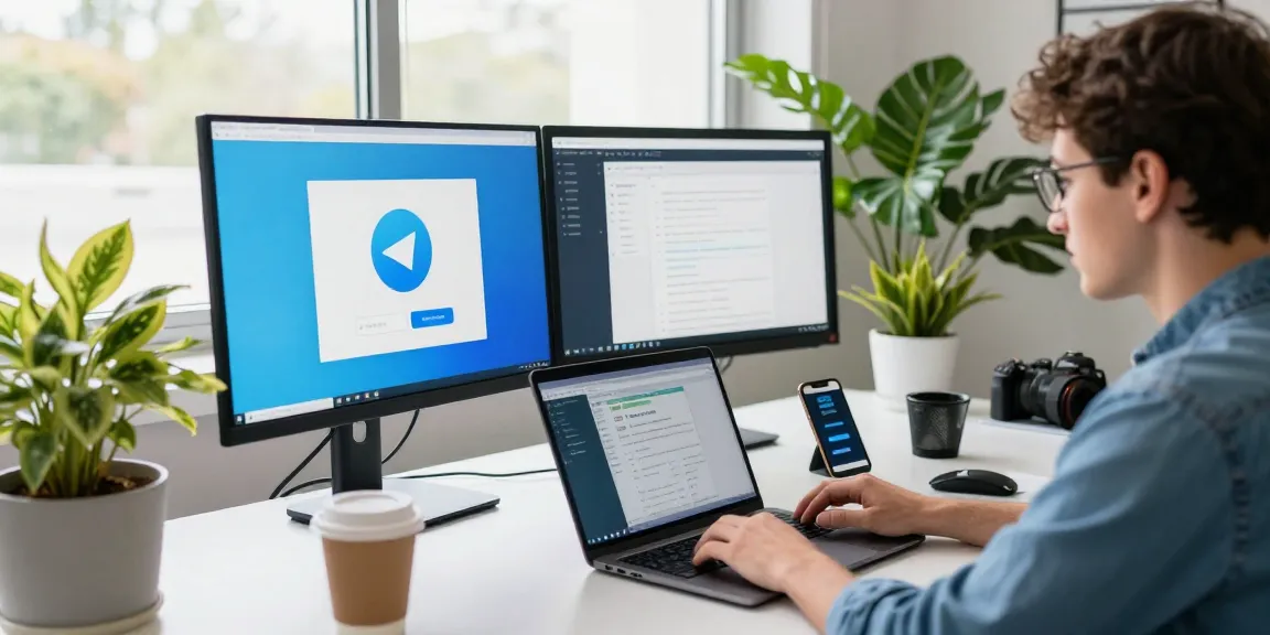 Download Telegram in a modern workspace with dual monitors and tech gadgets.