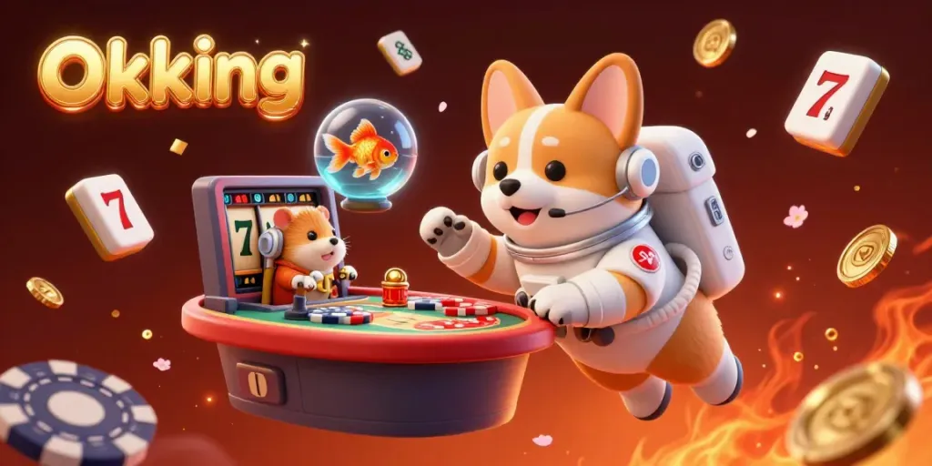Experience thrilling gameplay at Okking with a fun 3D illustration showcasing a space station casino in zero gravity.