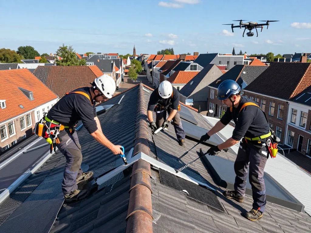 Dakdekkers repareren daklekkage in Deventer, die teamwork en moderne technieken voor effectieve dakoplossingen tonen.