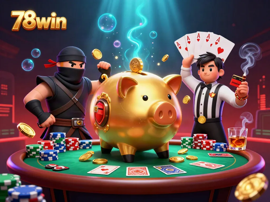 Engage with 78win's dynamic casino action featuring a golden piggy bank sumo wrestler surrounded by poker elements.