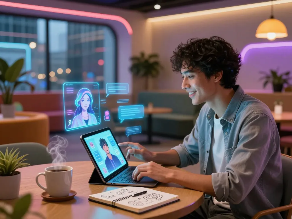 Engaging with Spicy Chat AI in a vibrant digital lounge filled with futuristic decorations and friendly ambiance.