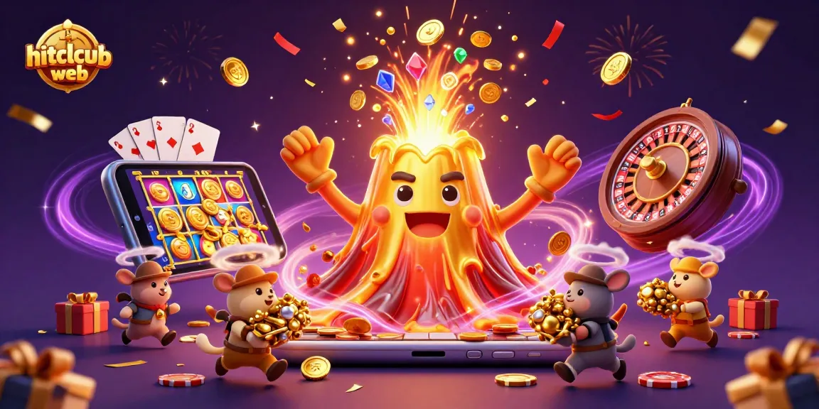 Engage in thrilling gameplay on hitclcub web with a vibrant 3D casino illustration showcasing dynamic slot and treasure elements.