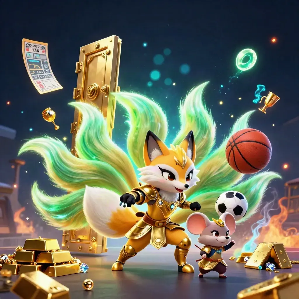 Neon vos en samurai-muis bij goud, ballen en magisch casinolicht in een donkere sportscene.