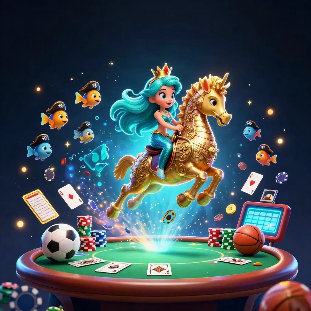 Turquoise zeemeerminprinses op gouden zeepaard met piratenvissen, pokeritems en neon casino magie.