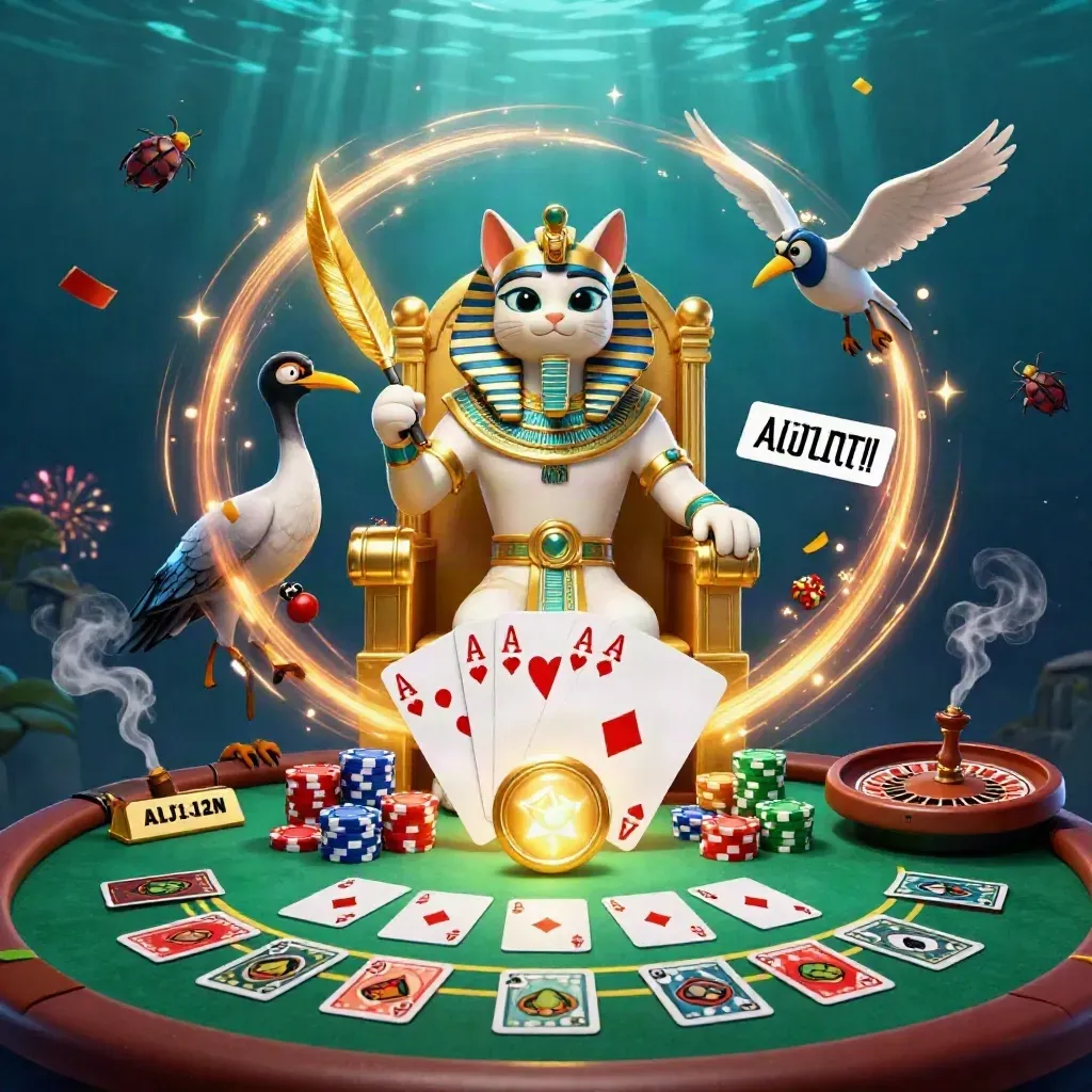 Pharaohkat op troon met ibis, scarabeeën en casinochips in neonblauw en goud