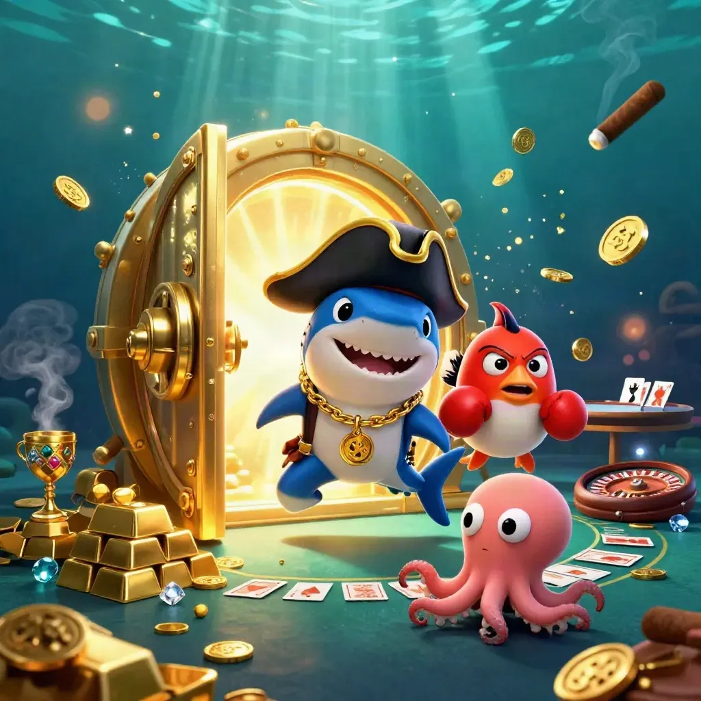Sharkpiraat, pufferfish en baby-octopus in een luxe casino onder goud licht.