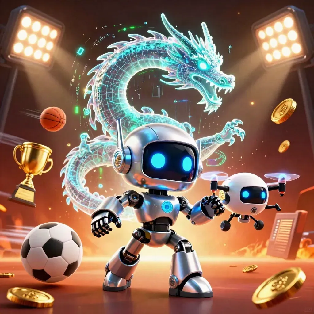 Robot, hologramdraak en drone tussen gouden munten, sportballen en vuurvonkjes.