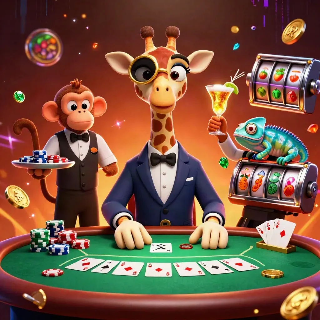 Giraffe, aap en kameleon aan pokertafel met neon chips, goud, vuur en luxe casinoglans.