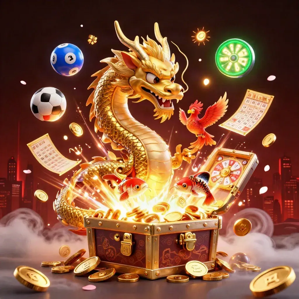 Gouden draak met schat, phoenix, koi en casino-items in een explosie van licht