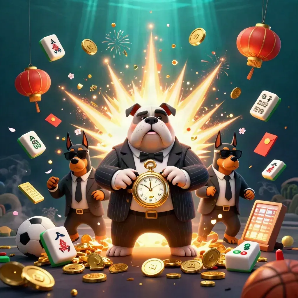 3D bulldog met bodyguards tussen gouden munten, lanterns, vuurwerk en casinodetails