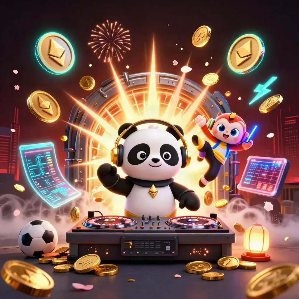 Panda-DJ, monkey en kitten in casinovuurwerk met vallende gouden munten en neon crypto-effecten