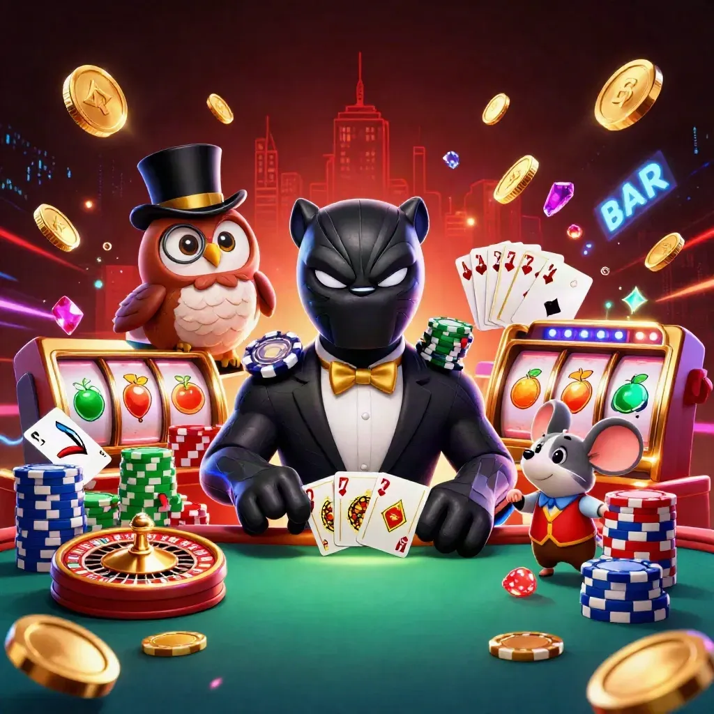 Zwarte panter, uil en muis in casino-chaos met gouden chips, neonstrepen en roulette.