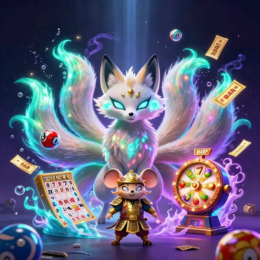 3D vossen geest met gouden muis, loterijballen en casino-items in neon glow