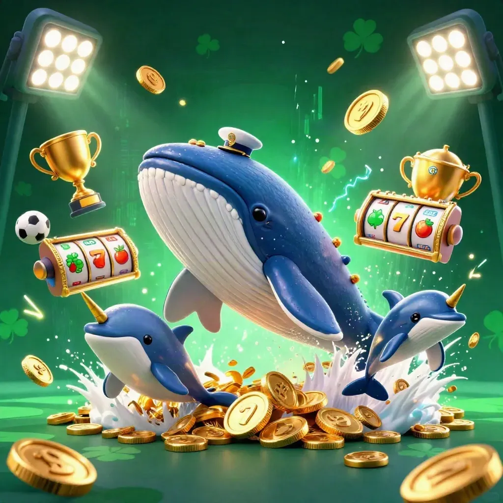 Reuzenwalvis, narwal en dolfijnen tussen munten, energie en casino-icoons in neon groen en goud.