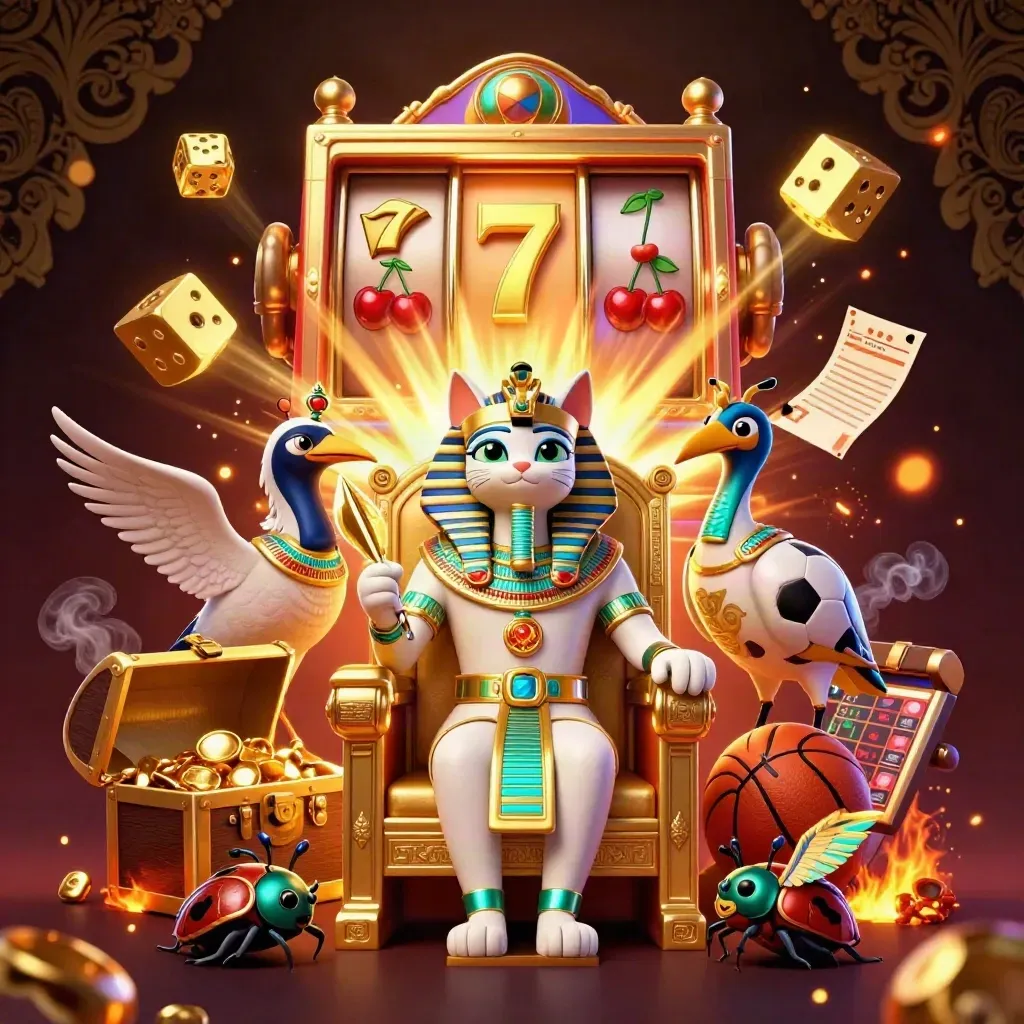 Pharaokat op troon met ibis, scarabeeën, slotmachine, goud en sportweddenschappen
