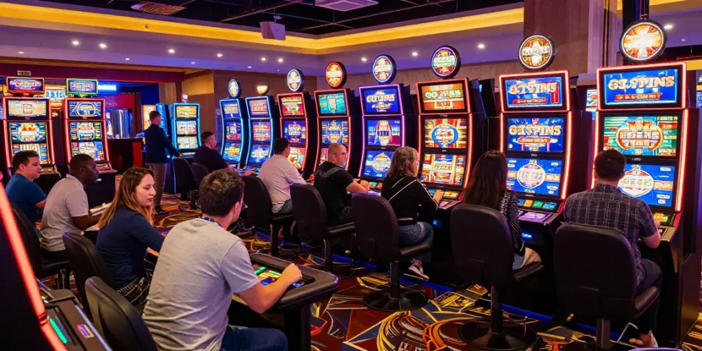 Spelers genieten van spannende casinospellen bij GTSpins Casino, met neonlichten en een levendige sfeer.