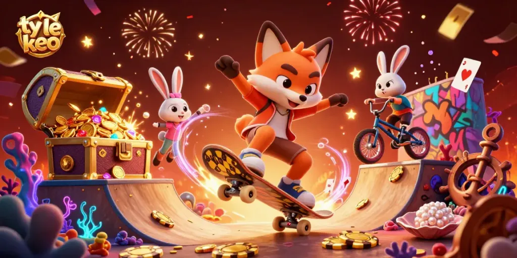 Experience the thrill of ty le keo as a skateboarder fox and BMX rabbit navigate a vibrant casino scene.