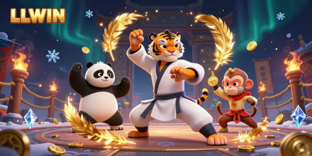 Experience the thrilling atmosphere of LLWIN with a masterful kung fu tiger, a panda disciple, and a playful monkey in a vibrant casino setting.