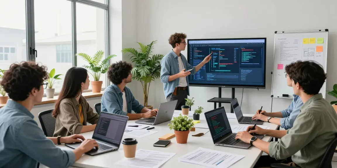Dynamic collaboration scene at the WPS Official Website office, highlighting teamwork in software development.